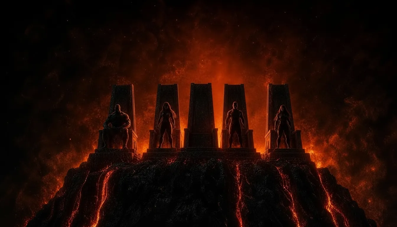 Five thrones at the summit, four champions seated, the centre throne empty